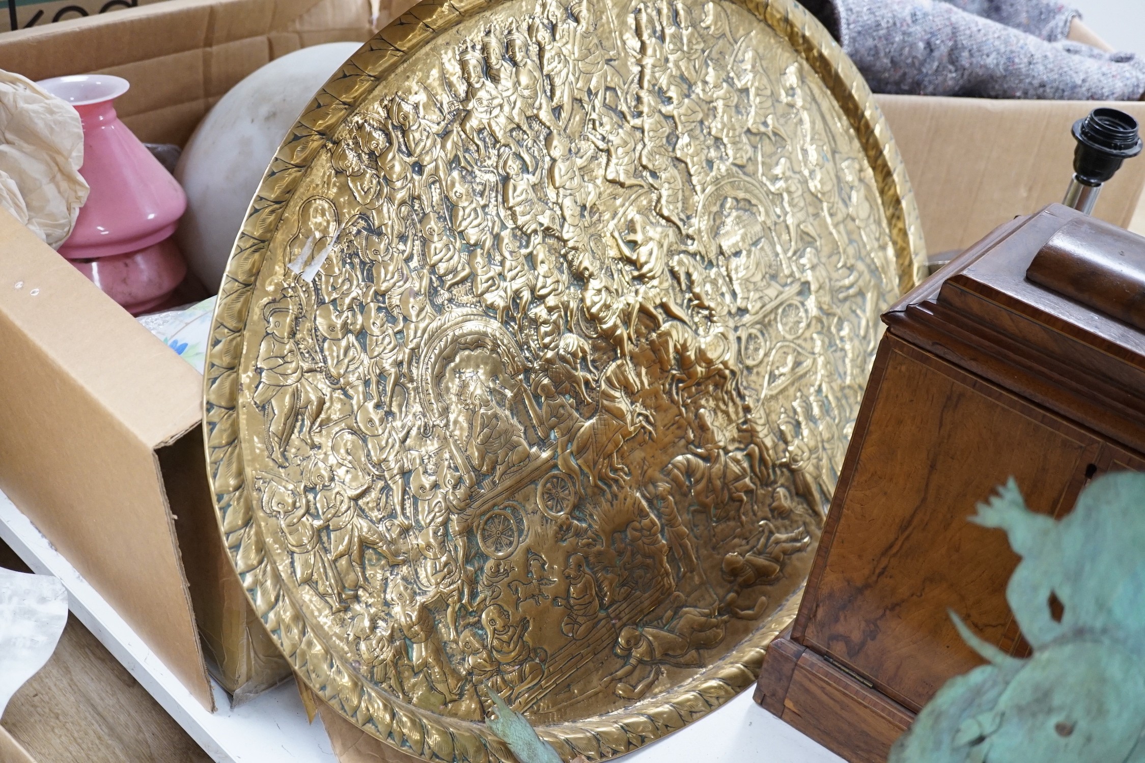 A child’s chair, cabinet, a brass tray and sculptural weather vane